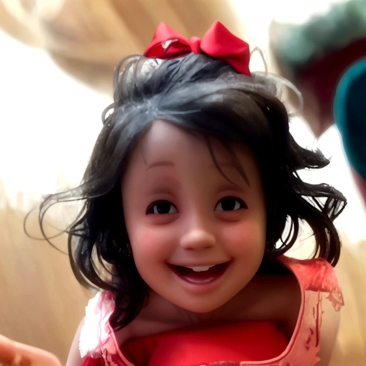 a happy cute smiling with two teeth apparent, a red ribbon on the top of the head, wearing a red dress, high quality