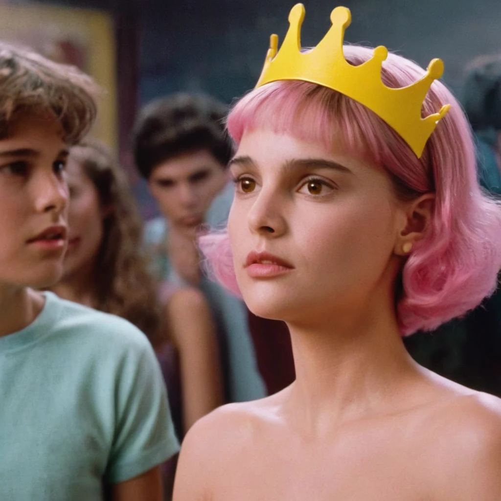 Hyperrealistic art of Cinematic Closeup Shot Film Footage captured by Panavision Cameras and Lenses, young Natalie Portman with a naked short fancy pink hair, yellow crown in her pink hair, woman with a surprise look on her face looking at someone in a surprise look on herface in a room, yellow crown in her hair, yellow blouse, custome of Wanda from Fairly Oddparents, with blur background and perfect warm light on Fright Night 1985 Film Style, Analogic cam, Extremely high-resolution details, photographic, realism pushed to extreme, fine texture, incredibly lifelike