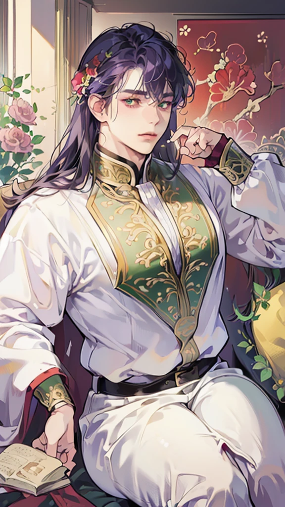 ((masterpiece, high quality, high resolution, perfect anatomy)), fat male, solo male, heavy armor, gentle face, long hair, purple hair, beautiful fat man, gold white and red armor, soft smile, green eyes, flower in hair, intricate details, ornate details