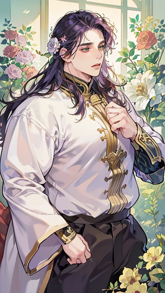 ((masterpiece, high quality, high resolution, perfect anatomy)), fat male, solo male, heavy armor, gentle face, long hair, purple hair, beautiful fat man, gold white and red armor, soft smile, green eyes, flower in hair, intricate details, ornate details