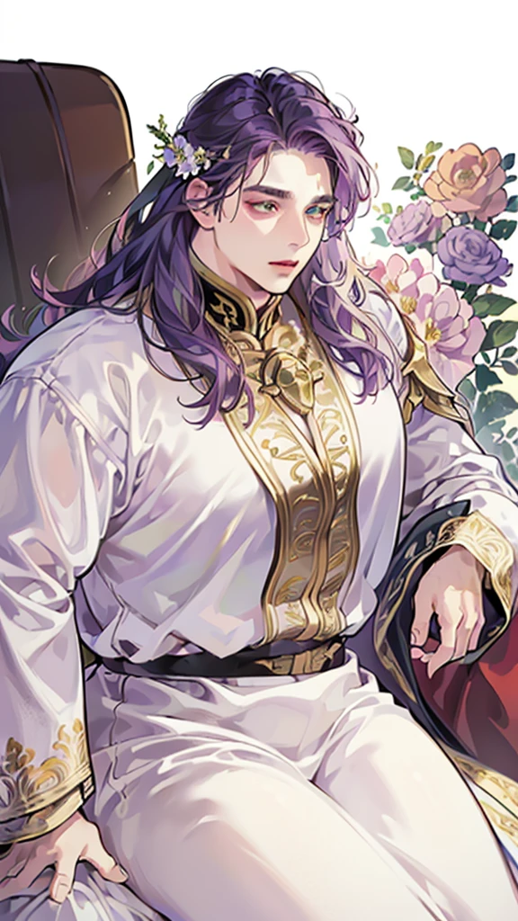 ((masterpiece, high quality, high resolution, perfect anatomy)), fat male, solo male, heavy armor, gentle face, long hair, purple hair, beautiful fat man, gold white and red armor, soft smile, green eyes, flower in hair, intricate details, ornate details