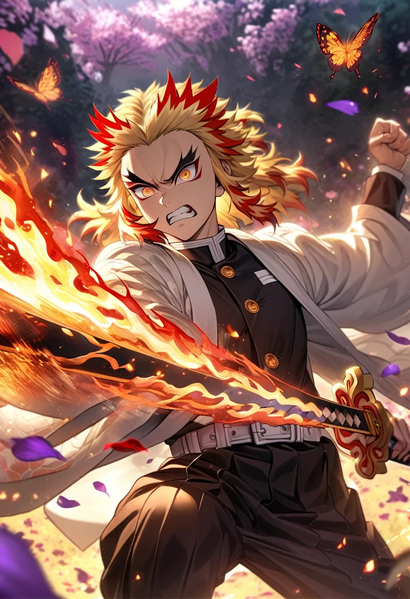 Ultra detailed, Highres, absurdres, HDR, Rengoku Kyojuro, golden eyes, blond hair, flames around him, grabbing a sword, Kimetsu No Yaiba, white haori, black demon uniform, purple leaves, petals, butterflies, angry,fighting pose