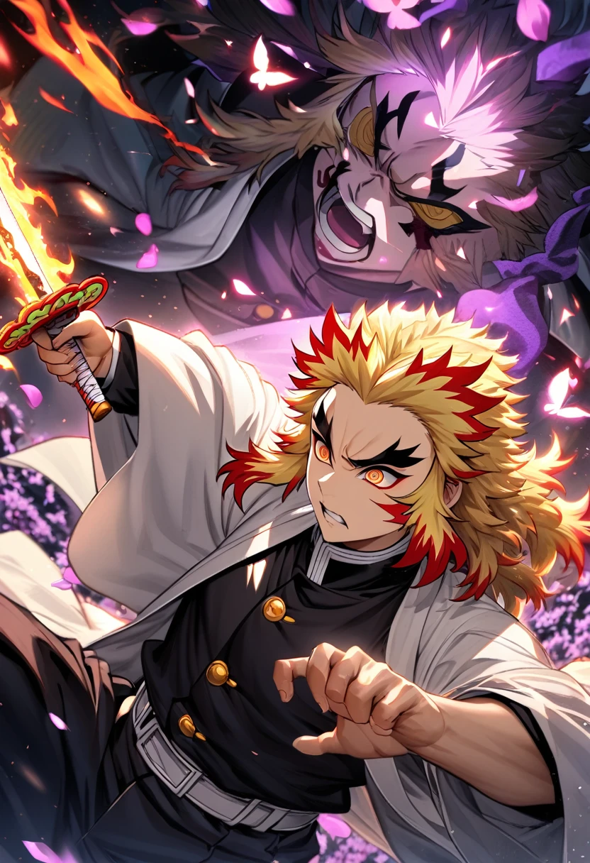 Ultra detailed, Highres, absurdres, HDR, Rengoku Kyojuro, golden eyes, blond hair, flames around him, grabbing a sword, Kimetsu No Yaiba, white haori, black demon uniform, purple leaves, petals, butterflies, angry,fighting pose