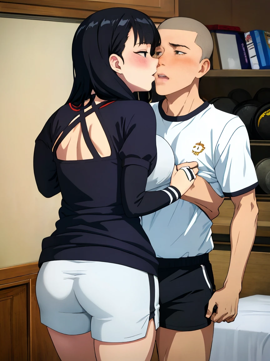 1boy, buzzcut, 1girl, bangs, black hair, blush, medium breast, gym short sleeve white shirt, gym shorts, boy grab girl's chest, cute, love, couple, adorable, long sleeves, dating, face to face, (kiss, deep kiss,) open eyes, girl back leaning wall, indoors, bedroom, 