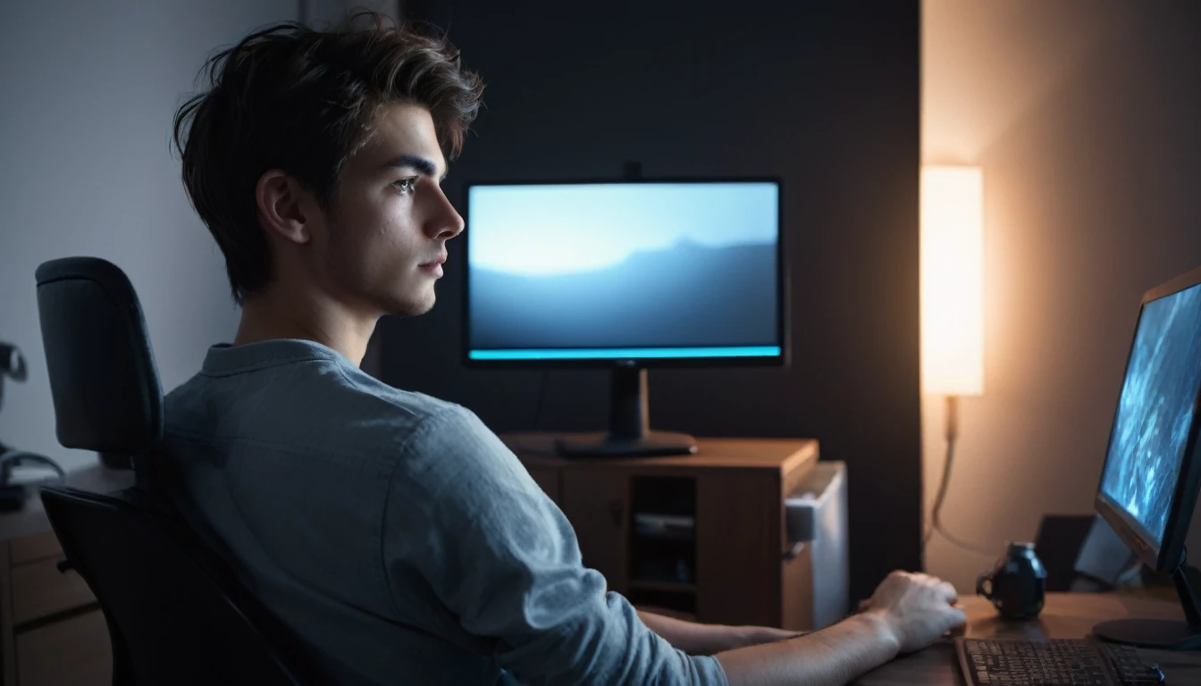 A young man sitting in a chair in front of a computer monitor,back to the door , with the room turned off ,Prepare the environment: I turned off the lights in my room, leaving only the dim light of the monitor illuminating my face. PICTURE REALISTIC, high resolution, 8K
