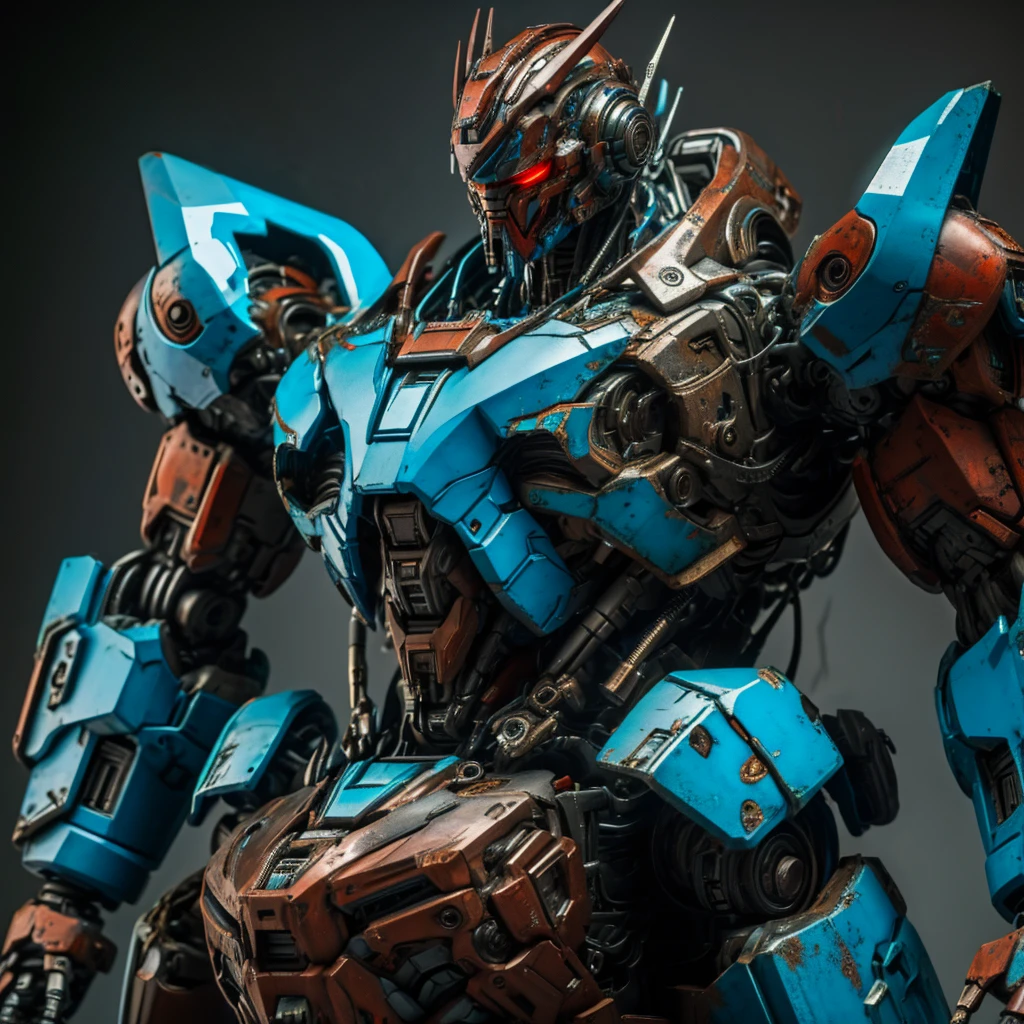 A person with an extremely protruding chin, their body a machine. The machine parts are light blue. The background is an abandoned factory, with rusted metal, broken windows, and scattered debris. The scene is detailed and realistic, with a dark and gritty atmosphere. The person's machine body is intricately designed, featuring gears, wires, and metal plates. Their facial expression is intense, reflecting a sense of determination or anger. The overall image is high quality, 8K resolution, showcasing a perfect blend of human and machine elements in a post-apocalyptic setting.