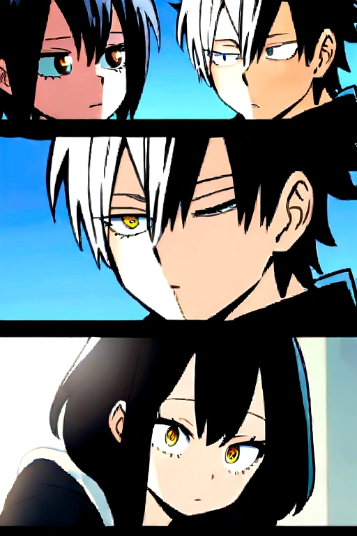 Screenshot of the anime boku no hero academia, two people, first person: ShotoTodoroki, half white half red hair, right brown eyes and blue left eye, expression: in love, wearing black jacket, holding the second person in his arms, second person : 15 year old girl. Wavy black hair, a little messy, slanted eyes, yellow eyes like the sun, pretty eyelashes, expression: in love.