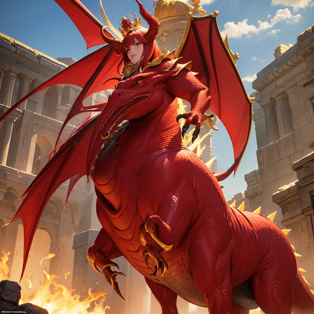 Gigantic red female dragon with golden crown , knight