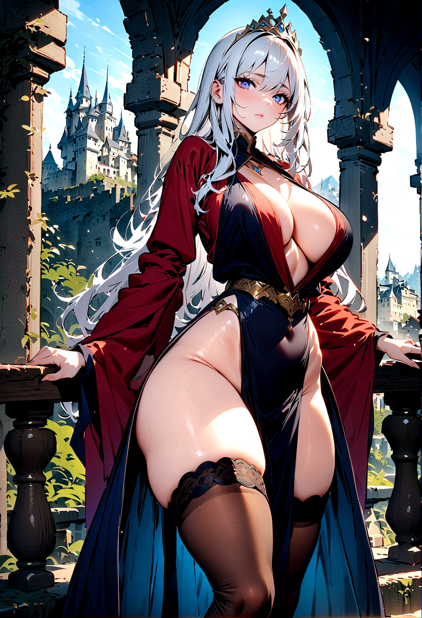 (milf, 30 year old woman), (highres, masterpiece:1.2), white hair, robe, (large breasts), thick thighs, standing, pelvic curtain, tiara, thighhighs, v-neck, blue eyes, expressionless, long hair, castle in background, balcony