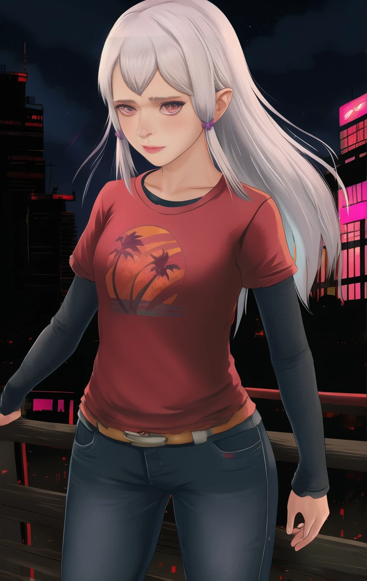 red shirt, long sleeves, standing, neon lights, night, looking at viewer, blue jeans, solo, lysithea, white hair, pink eyes, elliet1