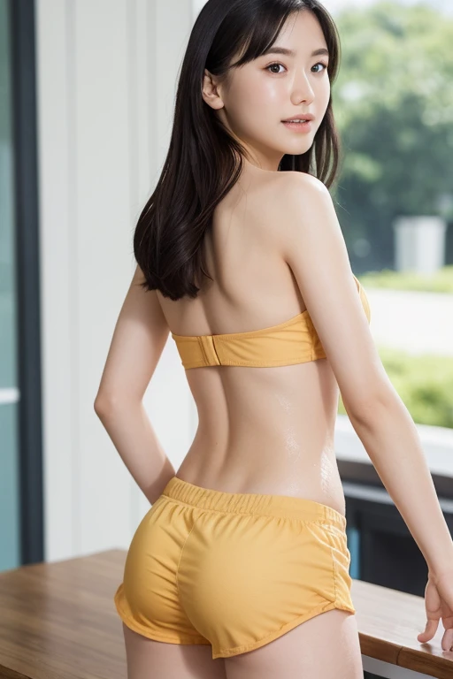 One Woman,thin,Highest quality,masterpiece,shape,Very delicate and beautiful,CG,Unity,8k wallpaper,wonderful,In detail,masterpiece,Official Art,Very detailed CG Unity 8k wallpaper,Unbelievably absurd,Large file size,Very detailedな,High resolution,Very detailed,Beautiful detailed woman,Realistic,Stand on the table,Small breasts,Beige shorts,Light contrast,Beautiful ass,Very small swimsuit,Spread your legs,Water Play、rain、Very wet、Red face、