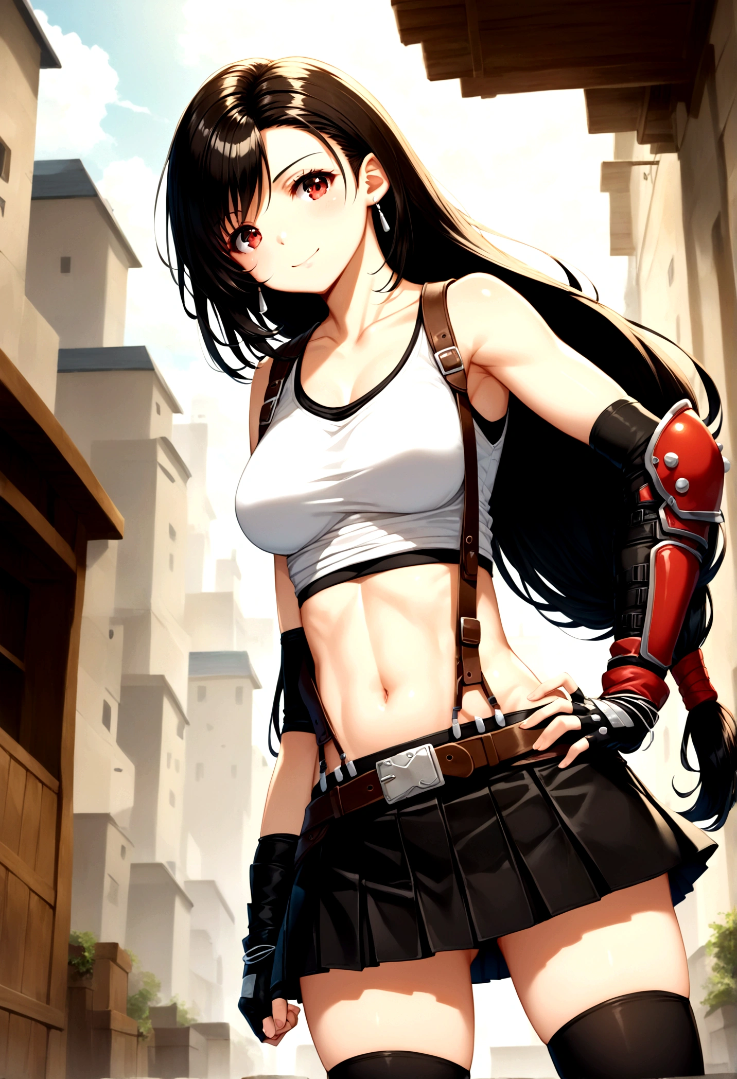 score_9, score_8_up, score_7_up, score_6_up, score_5_up,,rating_safe. BREAK , (from behind,front view,looking back,feet focus,standing,straight-on,,(upperbody),looking_at_viewer ,1girl, tifa lockhart, final fantasy, tareme,black hair, low-tied long hair, red eyes, bangs, (white tank top, belt, pleated skirt, thighhighs, elbow fingerless gloves, elbow pads, midriff, navel,suspender skirt) ,large_breasts,(light smile),,,Solo,,(daytime and beachside and city),(best quality),(aesthetic,very aesthetic),,highly detailed,,depth of field,,professional lighting,cinematic lighting, ,(arms behind back),