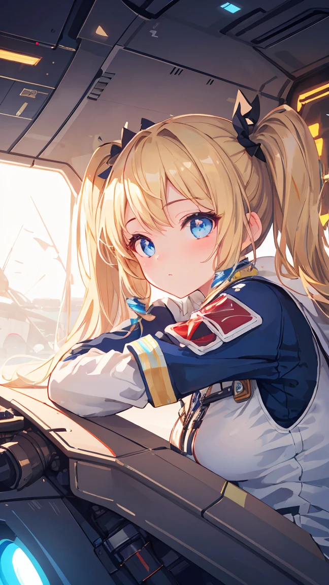 Masterpiece, beautifully detailed eyes,
stunning 4K artwork,
1 girl,
blonde hair, twin tails,
blue eyes,
ultra-realistic, (photorealistic:1.3), RAW photo, professional photography, cinematic lighting, realistic portrait, inside spaceship, sitting in cockpit,from side,
(random cute poses:1.3),
((bokeh)), depth of field, looking towards you