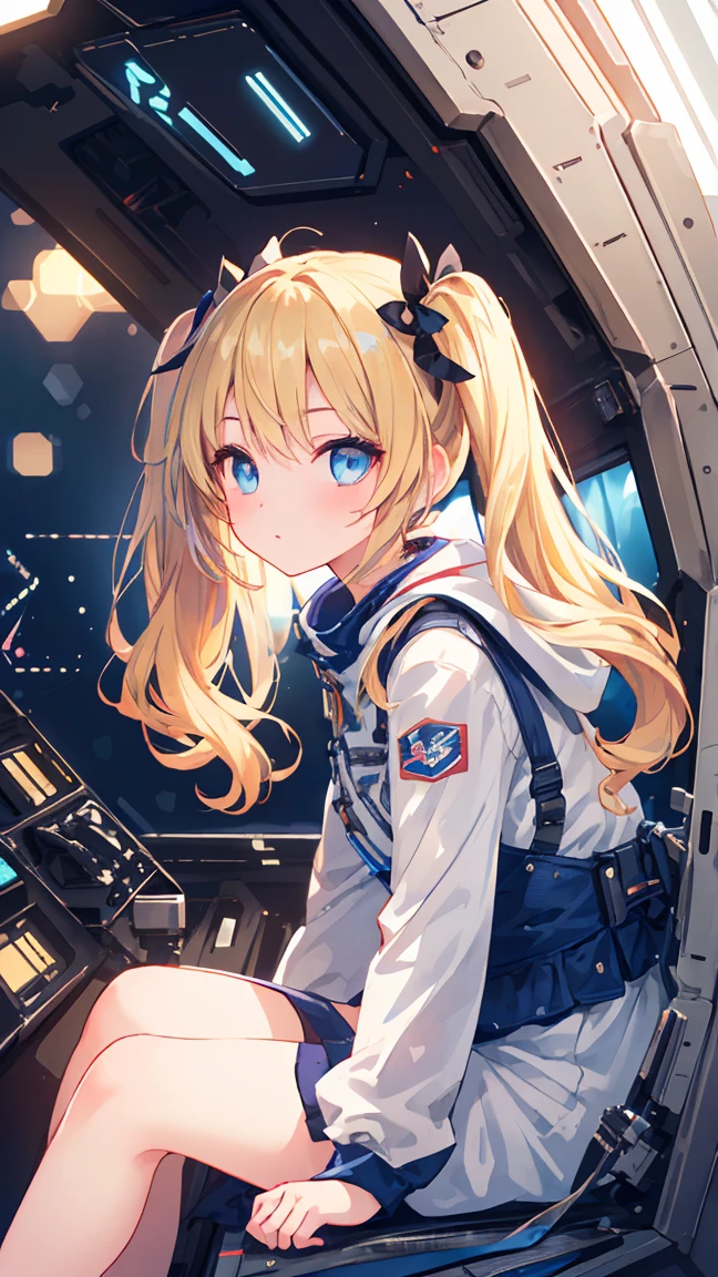 Masterpiece, beautifully detailed eyes,
stunning 4K artwork,
1 girl,
blonde hair, twin tails,
blue eyes,
ultra-realistic, (photorealistic:1.3), RAW photo, professional photography, cinematic lighting, realistic portrait, inside spaceship, sitting in pit,from side,
(random cute poses:1.3),
((bokeh)), depth of field, looking towards you