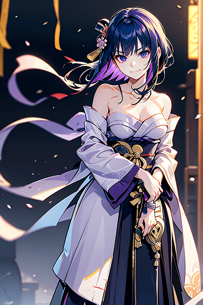 ((roll up bandage sideways on a chest tightly to cover the chest without gaps under kimomo)), Japanese Gangster BOSS, adult woman with the dignified presence, Killing Qi, wear the kimono from the waist down, ((kimono come off)) ,wear the kimono multiple times, Bare shoulders and the clavicle, black and gold kimono, put on over jacket of kimono, holding a japanese sword which shine in purple, long sword, eye fire, low angle, whole body, bandage is seen, anime character, inappropriate smile, off sholder, nappropriate smile, Excellent, black blue hair, can see both shoulder, long hem, Breasts are small