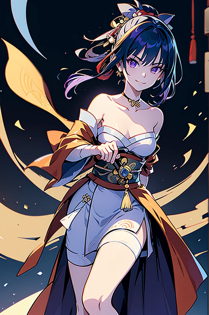 ((roll up bandage sideways on a chest tightly to cover the chest without gaps under kimomo)), Japanese Gangster BOSS, adult woman with the dignified presence, Killing Qi, wear the kimono from the waist down, ((kimono come off)) ,wear the kimono multiple times, Bare shoulders and the clavicle, black and gold kimono, put on over jacket of kimono, holding a japanese sword which shine in purple, long sword, eye fire, low angle, whole body, bandage is seen, anime character, inappropriate smile, off sholder, nappropriate smile, Excellent, black blue hair, can see both shoulder, long hem, Breasts are small
