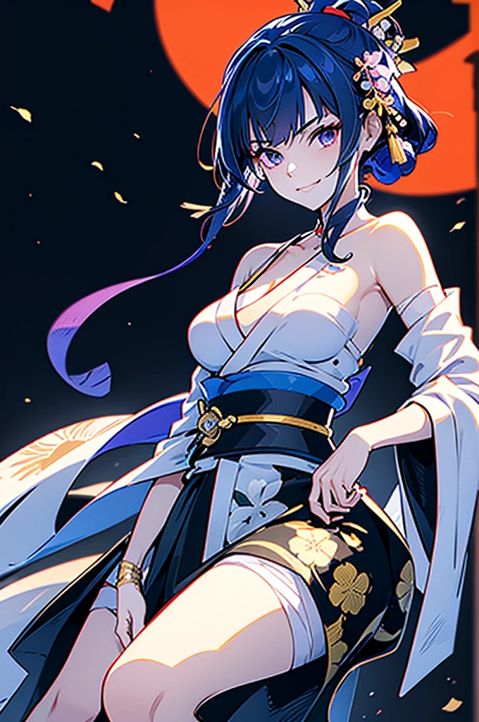 ((roll up bandage sideways on a  chest tightly to cover the chest without gaps under kimomo)), Japanese Gangster BOSS, adult woman with the dignified presence, Killing Qi, wear the kimono from the waist down, ((kimono come off)) ,wear the kimono multiple times, Bare shoulders and the clavicle, black and gold kimono, put on over jacket of kimono, holding a japanese sword which shine in purple, long sword, eye fire, low angle, whole body, bandage is seen, anime character, inappropriate smile, off sholder, nappropriate smile, Excellent, black blue hair, can see both shoulder, long hem, Breasts are small