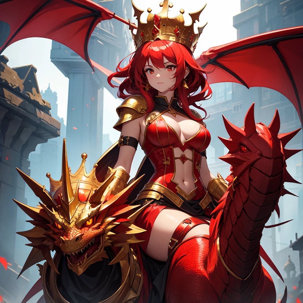 Gigantic red female dragon with golden crown ,small girl knight