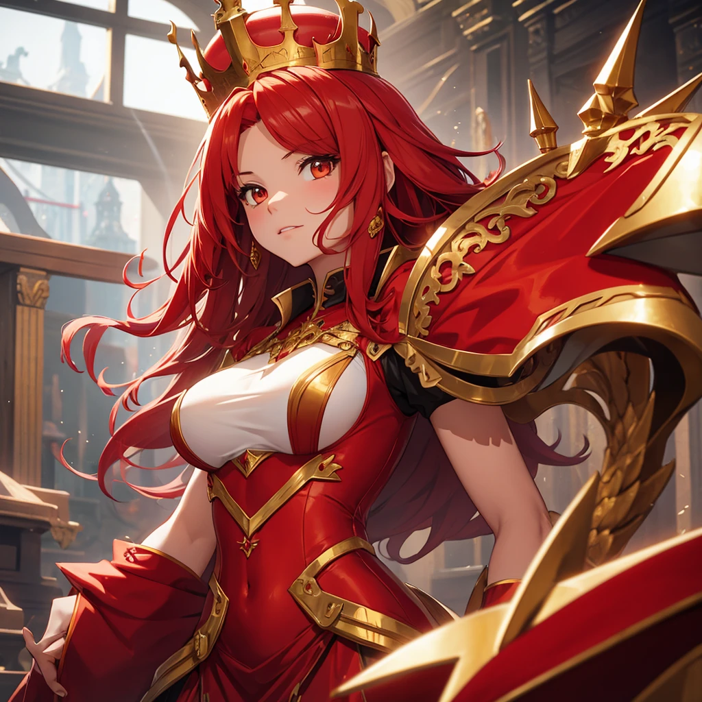 Gigantic red female dragon with golden crown ,small girl knight