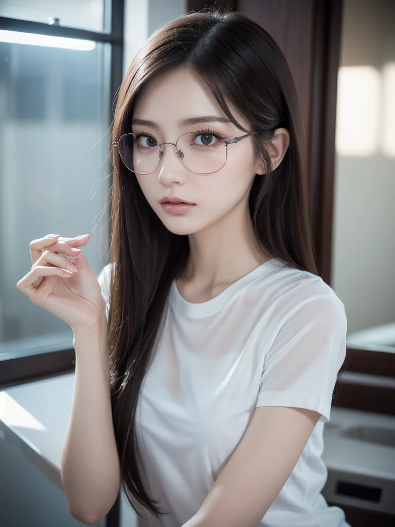 elegant woman, beautiful detailed eyes, beautiful detailed lips, extremely detailed eyes and face, long eyelashes, slender body, thin face, delicate features, flawless porcelain skin, glistening sweat, ultra-fine fingers, best ratio four finger and one thumb, realistic, oversized T-shirt, mini skirt, one-person viewpoint, Fuji Film, F/1.2, 8K, masterpiece, nffsw, super detail, high quality, best quality, high resolution, glasses, mole under right eye, gravure pose, natural hand pose