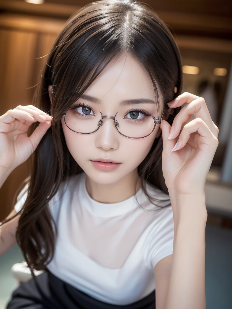 elegant woman, beautiful detailed eyes, beautiful detailed lips, extremely detailed eyes and face, long eyelashes, slender body, thin face, delicate features, flawless porcelain skin, glistening sweat, ultra-fine fingers, best ratio four finger and one thumb, realistic, oversized T-shirt, mini skirt, one-person viewpoint, Fuji Film, F/1.2, 8K, masterpiece, nffsw, super detail, high quality, best quality, high resolution, glasses, mole under right eye, gravure pose, natural hand pose