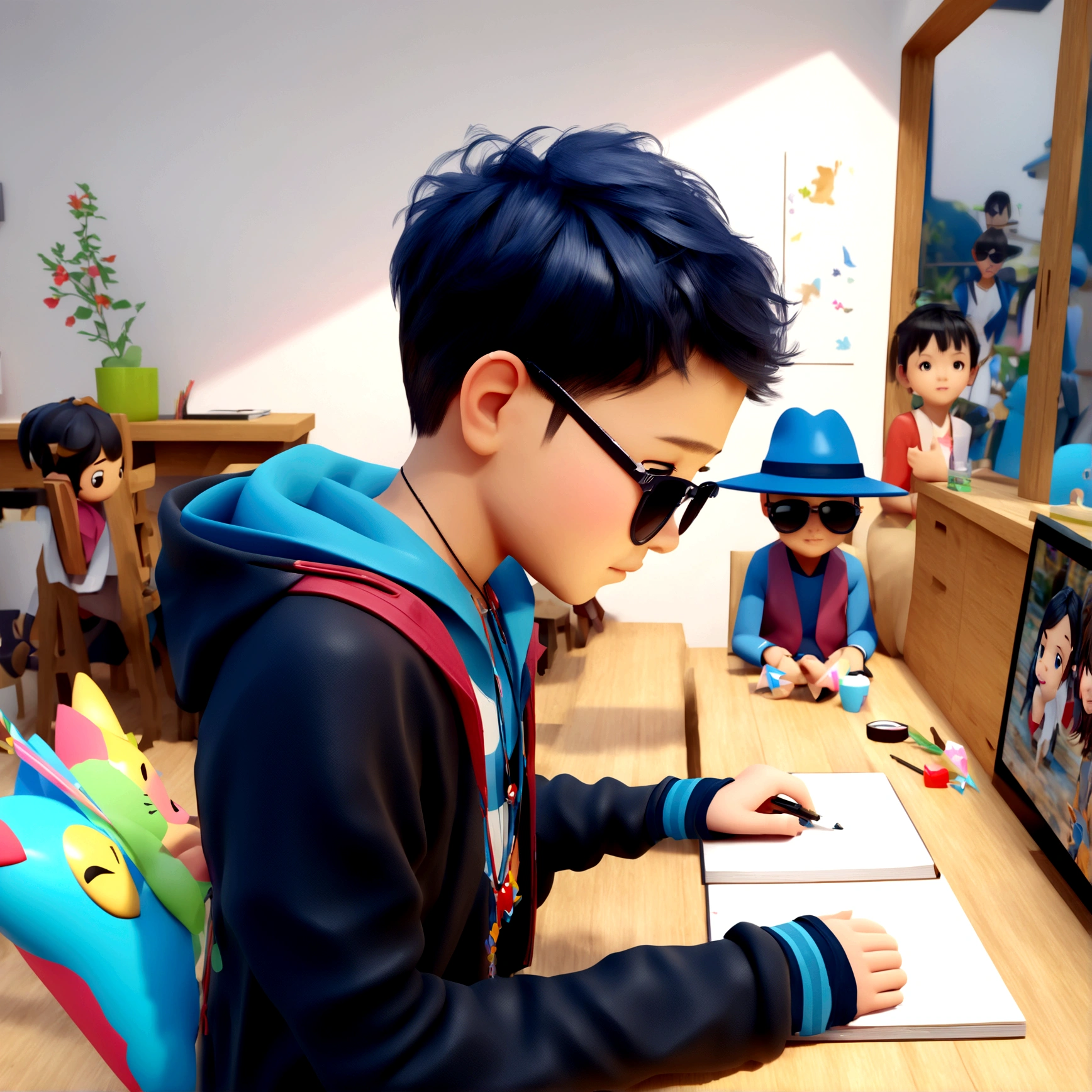 (Best Quality,4K,8K,hight resolution,masutepiece:1.2),Ultra-detailed,Realistic,Cute,"Boy wearing sunglasses and necklace",adorable digital art,cute 3d render,Cute Digital Painting,cute detailed digital art,cute cartoon characters,Cute little boy,cute cartoon,cute cartoon style,cute character,cute artwork,Ghibli-inspired artwork,3 D rendering character art 8 K,highly detailed character design,Study room,Studying