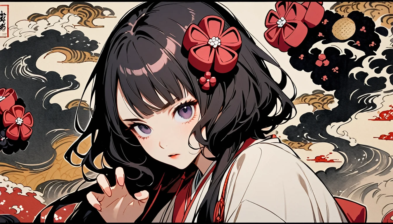 (((Horror elements))), (((claw pose))), (((Highest quality))), (((Katsushika Hokusai))), (((Ink Painting))), ((very straight longhair)), ((1 girl)), ((Half of his face is a robot)), ((Beautiful girl in sunglasses)), Japanese style headphones, Black Hair, Delicate and precise, Modern ukiyo-e style, head shot