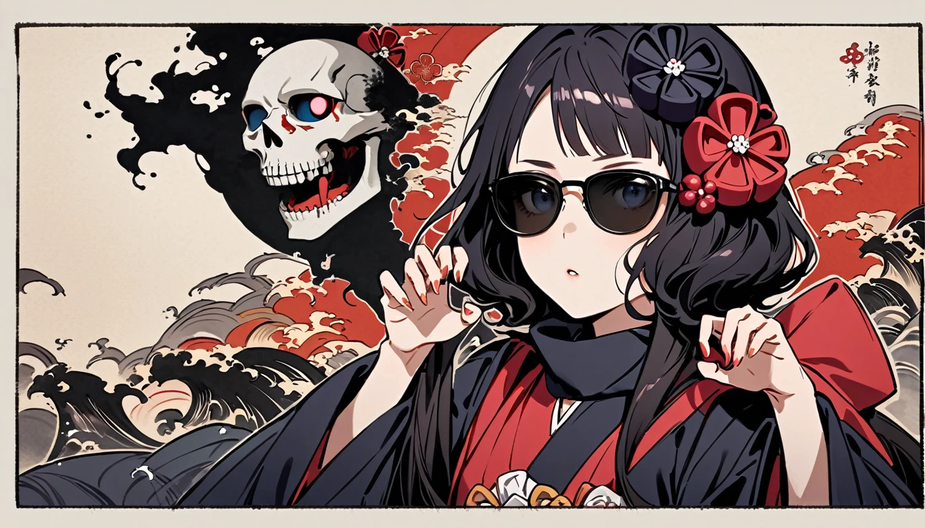 (((Horror elements))), (((claw pose))), (((Highest quality))), (((Katsushika Hokusai))), (((Ink Painting))), ((very straight longhair)), ((1 girl)), ((Half of his face is a robot)), ((Beautiful girl in sunglasses)), Japanese style headphones, Black Hair, Delicate and precise, Modern ukiyo-e style, head shot