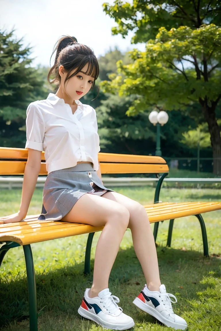 、Thin legs、ponytail、ribbon、skinny、slim、(Grey mini skirt))sitting on a park bench、Knees forward、(White lace panties)(Unbutton your shirt、Lift up your lace bra、Nipples)Wear cute sneakers、The whole body seen from the front、I&#39;m masturbating、Flash photography