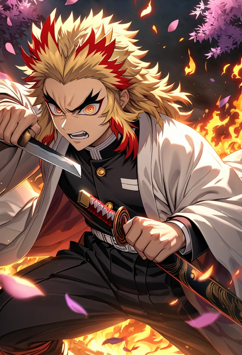 Ultra detailed, Highres, absurdres, HDR, Rengoku Kyojuro, golden eyes, blond hair, flames around him, holding sword, Kimetsu No Yaiba, white haori, black demon uniform, purple leaves, petals, angry,fighting pose