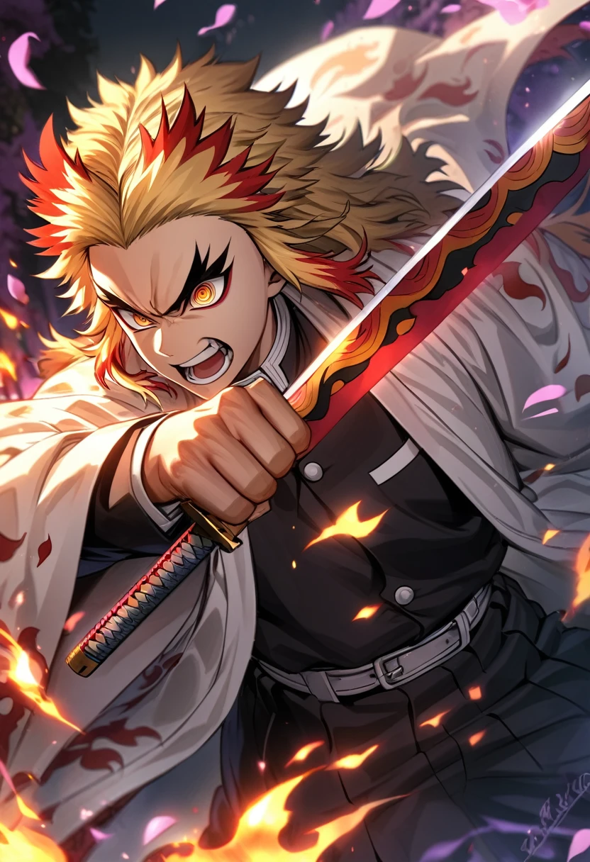 Ultra detailed, Highres, absurdres, HDR, Rengoku Kyojuro, golden eyes, blond hair, flames around him, holding sword, Kimetsu No Yaiba, white haori, black demon uniform, purple leaves, petals, angry,fighting pose