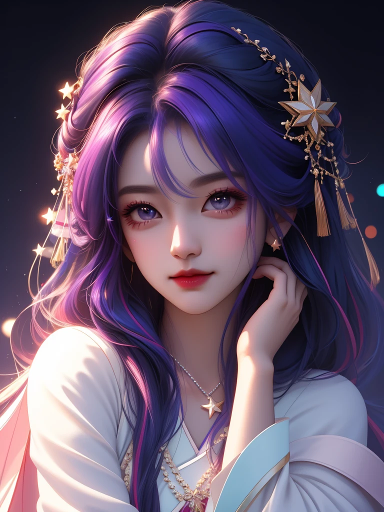 best quality, masterpiece, high resolution, 1 Girl,flirtatious，Colored hair，(Charming smile:0.8),Star-shaped pupil,china hanfu,Hair accessories,necklace, Jewelry,Pretty Face,Above_Body, Tyndall effect,Reality, Dark Studio, Rim Light, Two-tone lighting,(High Detail Skin:1.2), 8K uhd, Digital SLR Camera, Soft lighting, high quality, Volumetric Lighting, frank, photo, high resolution, 4K, 8K, Bokeh