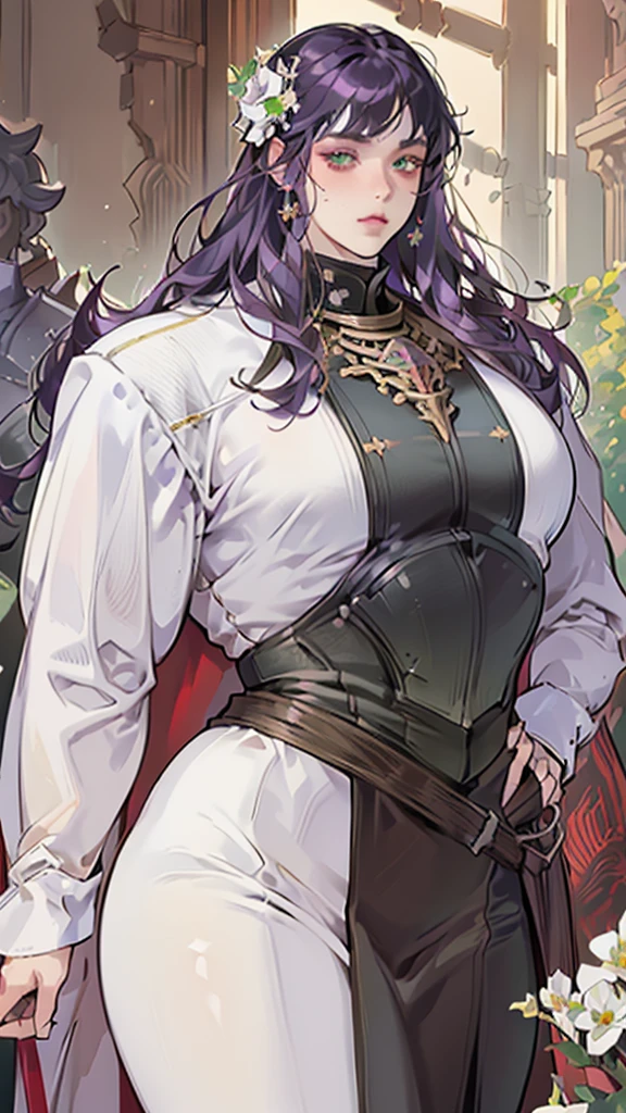 ((masterpiece, high quality, high resolution, perfect anatomy)), fat male, solo male, heavy armor, gentle face, long hair, purple hair, beautiful fat man, gold white and red armor, soft smile, green eyes, flower in hair, intricate details, ornate details, fat fetish art