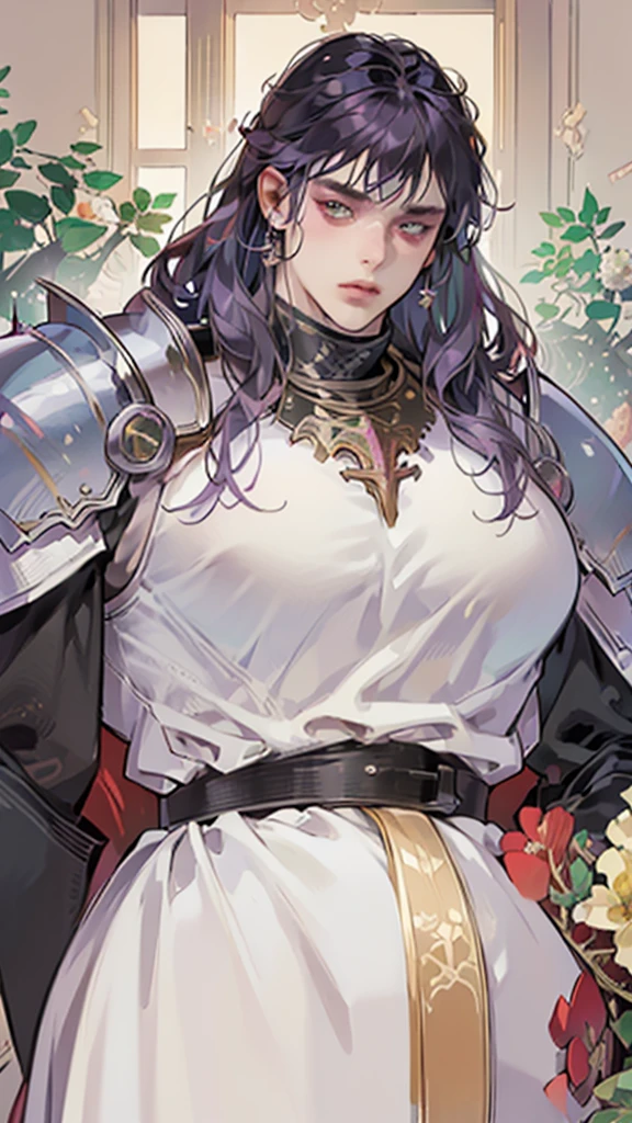 ((masterpiece, high quality, high resolution, perfect anatomy)), fat male, solo male, heavy armor, gentle face, long hair, purple hair, beautiful fat man, gold white and red armor, soft smile, green eyes, flower in hair, intricate details, ornate details, fat fetish art