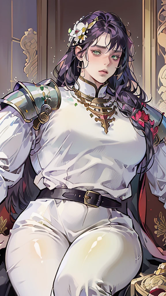 ((masterpiece, high quality, high resolution, perfect anatomy)), fat male, solo male, heavy armor, gentle face, long hair, purple hair, beautiful fat man, gold white and red armor, soft smile, green eyes, flower in hair, intricate details, ornate details, fat fetish art