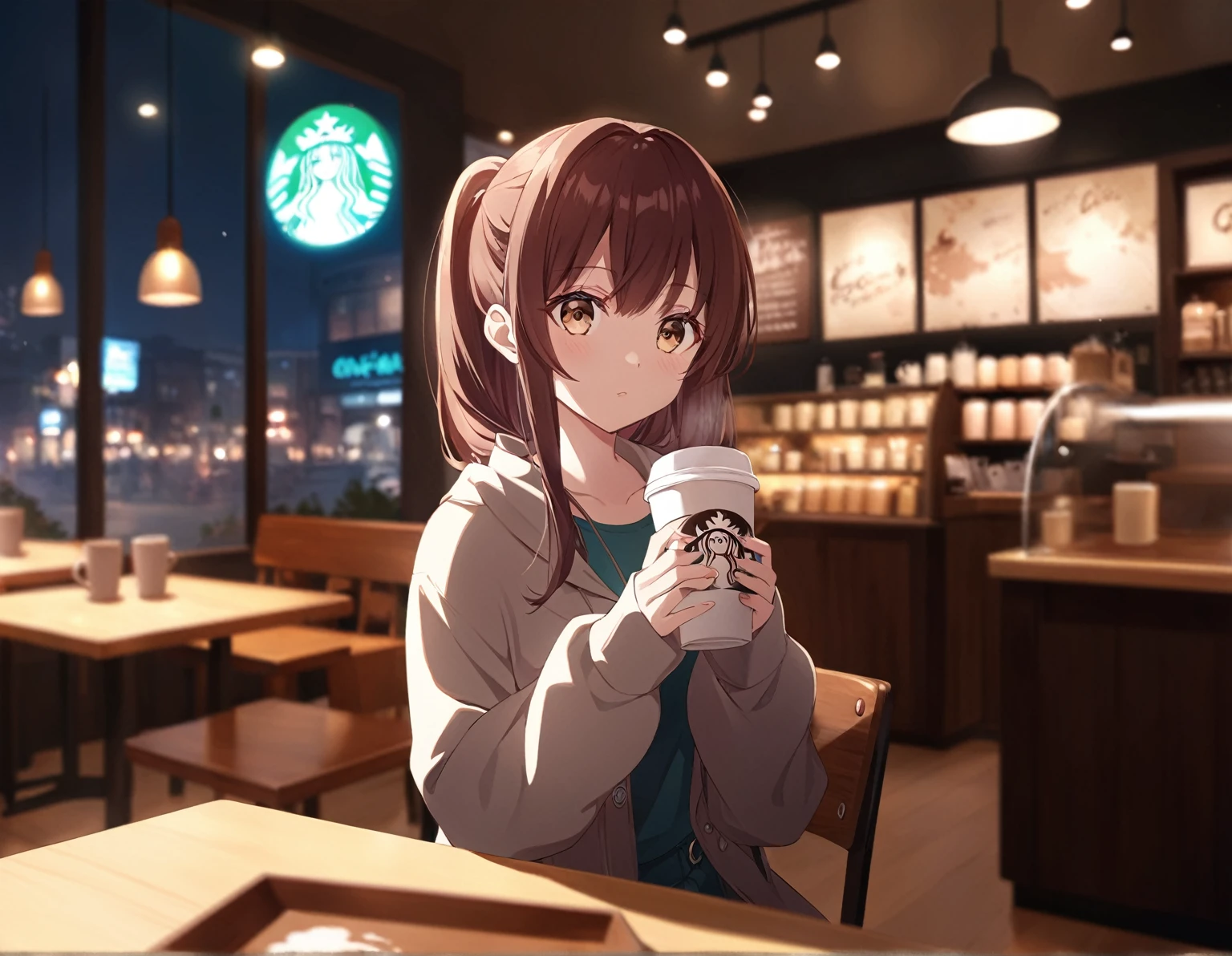 コーヒーを飲みながらテーブルに座っているAnime Girls, Mysterious Coffee Shop Girl, At the coffee shop, 4k anime wallpaper, sitting in a cafe, Cute girl anime visuals, sitting in a cafe alone, At the coffee shopコーヒーを楽しむ, Anime Girls, Anime Style 4k, anime wallpaper 4k, anime wallpaper 4k