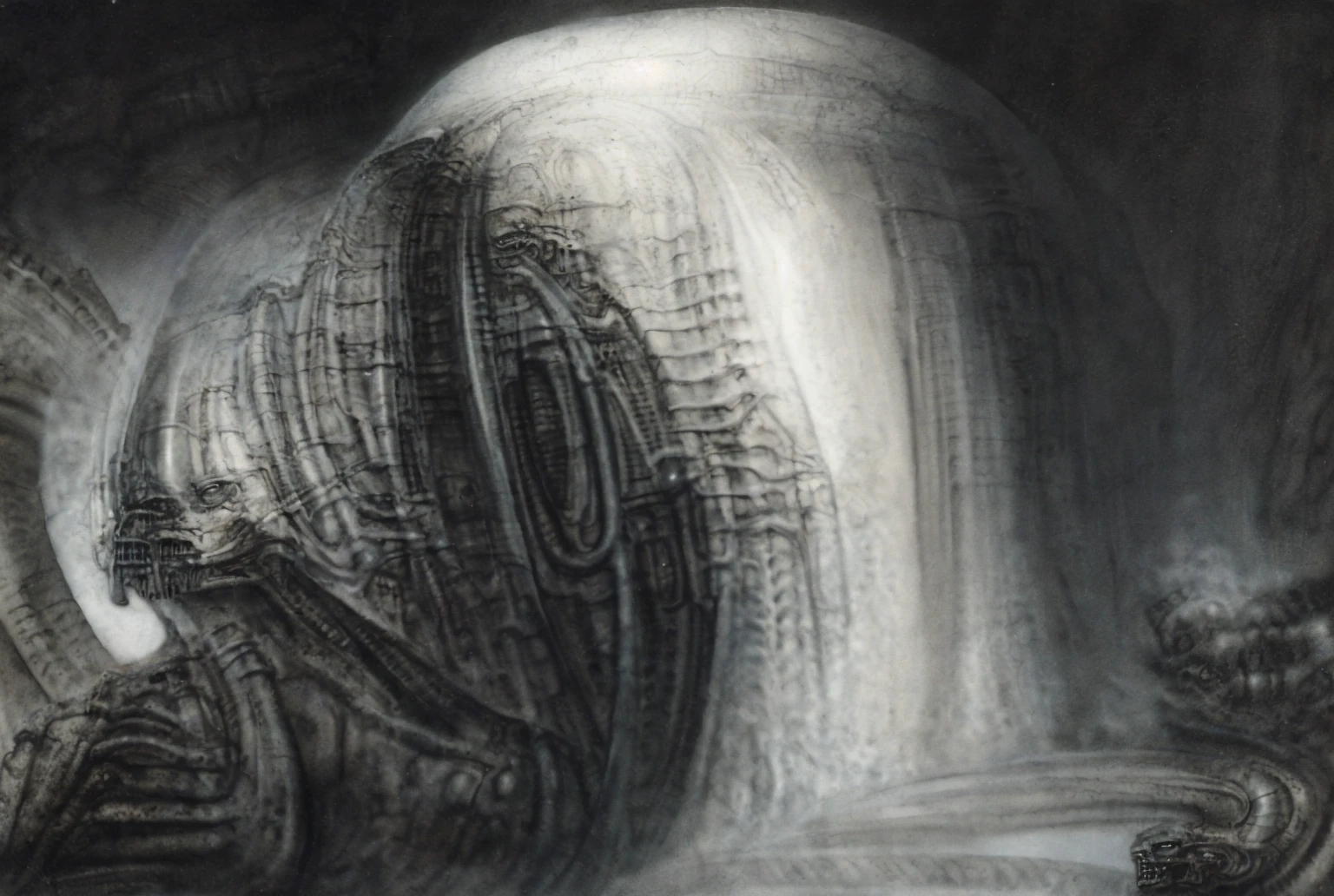 The image is a detailed view of H.R. Giger's biomechanical tableau \" Landscape XVI \" plate, featuring.
(airbrush painting, Giger's alien in front of broken alien ship in landscape, natural light, sharp focus, illustration, highly detailed, digital painting, concept art, matte, art by gric and kozhanov and moebius and Alphonse Mucha, masterpiece, HDR ,UHD , uplight, in HRGigerArhP style);1.
surrealistic painting of a monster with multiple tentacles and a body that looks like a brain, surrounded by a chaotic scene of swirling clouds and other monsters
 It's a complex network of bones and organs in eldritch color scheme:a greenish-brown hue ,swirling gery and brown colors. The artwork is silverish and green brown, with an ivory bones prominently displayed. The image is highly detailed and intricate, almost like a 3d version of a medical sketchwork.   
The piece is a tableau, most likely created with a India ink pen or pencil on paper, determined by the thin lines, shading techniques, and the texture of the paper, which is visible around the edges.
Used is pen, given the shading and variations in line weight visible in the image. Artist have used a variety of stylus with different degrees of hardness to achieve the shading effects.
 The use of undersaturated green-grays dark contrasts creates a stark and graphic look. Is used a variety of linework techniques to create different textures. Fine, parallel lines create a smooth, metallic texture,while thicker, more cursive lines suggest cables or wires.
Light source from the top highlights skeletals, pper part of foreground, lower part of image is in shadowupper part of foreground, lower part of image is in shadow.
The art performance showcases the artist’s skills in observation and rendering. The level of detail in the piece suggests a close study of real bone specimens and mechanics. The artist has skillfully used shading techniques to create a convincing illusion of three-dimensionality on a flat surface. The wrinkles 