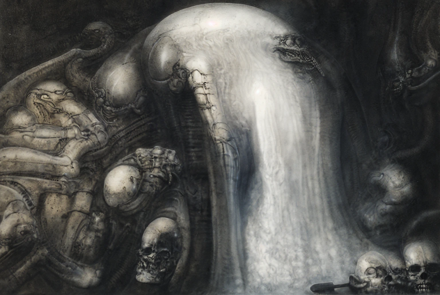 The image is a detailed view of H.R. Giger's biomechanical tableau \" Landscape XVI \" plate, featuring.
(airbrush painting, Giger's alien in front of broken alien ship in landscape, natural light, sharp focus, illustration, highly detailed, digital painting, concept art, matte, art by gric and kozhanov and moebius and Alphonse Mucha, masterpiece, HDR ,UHD , uplight, in HRGigerArhP style);1.
surrealistic painting of a monster with multiple tentacles and a body that looks like a brain, surrounded by a chaotic scene of swirling clouds and other monsters
It's a complex network of bones and organs in eldritch color scheme:a greenish-brown hue ,swirling gery and brown colors. The artwork is silverish and green brown, with an ivory bones prominently displayed. The image is highly detailed and intricate, almost like a 3d version of a medical sketchwork.
The piece is a tableau, most likely created with a India ink pen or pencil on paper, determined by the thin lines, shading techniques, and the texture of the paper, which is visible around the edges.
Used is pen, given the shading and variations in line weight visible in the image. Artist have used a variety of stylus with different degrees of hardness to achieve the shading effects.
The use of undersaturated green-grays dark contrasts creates a stark and graphic look. Is used a variety of linework techniques to create different textures. Fine, parallel lines create a smooth, metallic texture,while thicker, more cursive lines suggest cables or wires.
Light source from the top highlights skeletals, pper part of foreground, lower part of image is in shadowupper part of foreground, lower part of image is in shadow.
The art performance showcases the artist’s skills in observation and rendering. The level of detail in the piece suggests a close study of real bone specimens and mechanics. The artist has skillfully used shading techniques to create a convincing illusion of three-dimensionality on a flat surface. The wrinkles