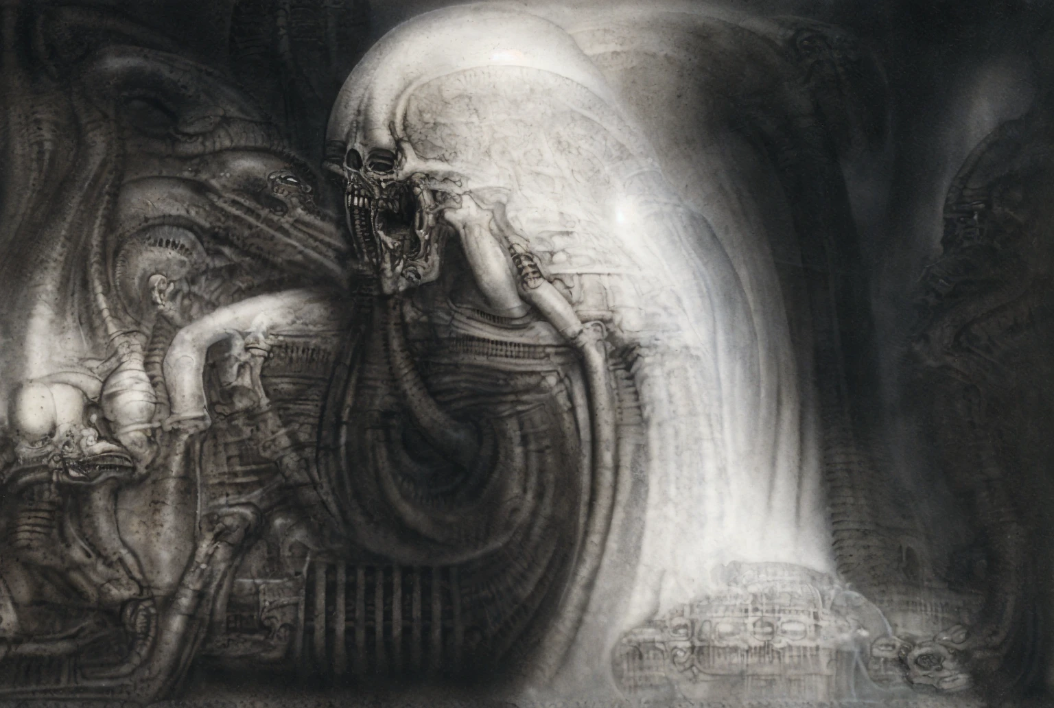 The image is a detailed view of H.R. Giger's biomechanical tableau \" Landscape XVI \" plate, featuring.
(airbrush painting, Giger's alien in front of broken alien ship in landscape, natural light, sharp focus, illustration, highly detailed, digital painting, concept art, matte, art by gric and kozhanov and moebius and Alphonse Mucha, masterpiece, HDR ,UHD , uplight, in HRGigerArhP style);1.
surrealistic painting of a monster with multiple tentacles and a body that looks like a brain, surrounded by a chaotic scene of swirling clouds and other monsters
It's a complex network of bones and organs in eldritch color scheme:a greenish-brown hue ,swirling gery and brown colors. The artwork is silverish and green brown, with an ivory bones prominently displayed. The image is highly detailed and intricate, almost like a 3d version of a medical sketchwork.
The piece is a tableau, most likely created with a India ink pen or pencil on paper, determined by the thin lines, shading techniques, and the texture of the paper, which is visible around the edges.
Used is pen, given the shading and variations in line weight visible in the image. Artist have used a variety of stylus with different degrees of hardness to achieve the shading effects.
The use of undersaturated green-grays dark contrasts creates a stark and graphic look. Is used a variety of linework techniques to create different textures. Fine, parallel lines create a smooth, metallic texture,while thicker, more cursive lines suggest cables or wires.
Light source from the top highlights skeletals, pper part of foreground, lower part of image is in shadowupper part of foreground, lower part of image is in shadow.
The art performance showcases the artist’s skills in observation and rendering. The level of detail in the piece suggests a close study of real bone specimens and mechanics. The artist has skillfully used shading techniques to create a convincing illusion of three-dimensionality on a flat surface. The wrinkles