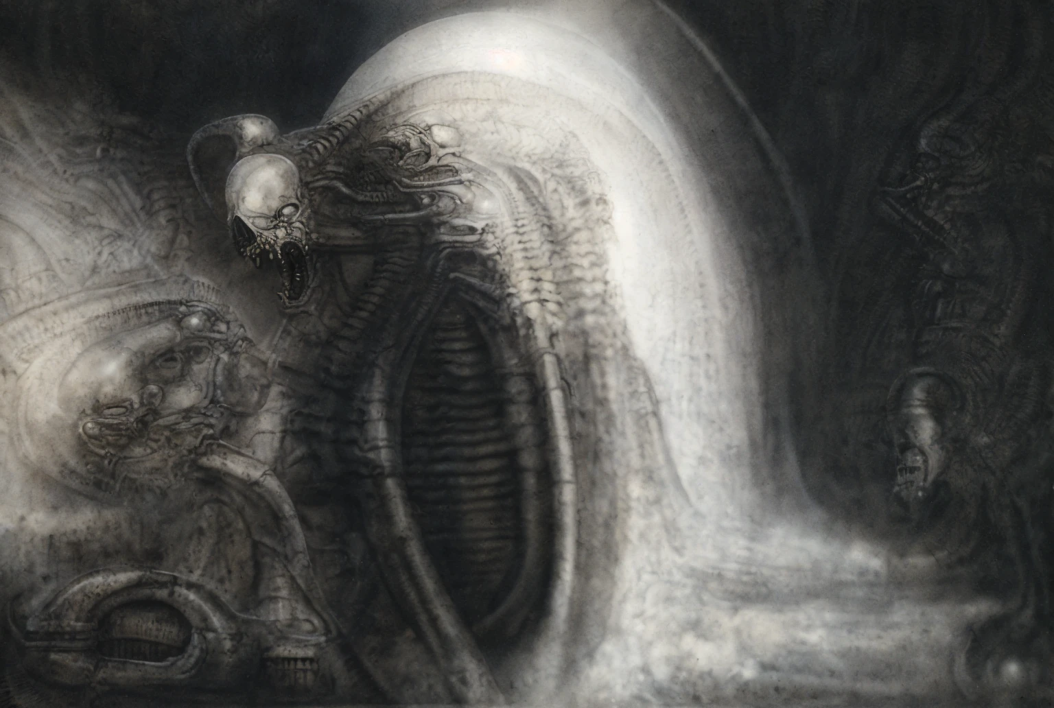 The image is a detailed view of H.R. Giger's biomechanical tableau \" Landscape XVI \" plate, featuring.
(airbrush painting, Giger's alien in front of broken alien ship in landscape, natural light, sharp focus, illustration, highly detailed, digital painting, concept art, matte, art by gric and kozhanov and moebius and Alphonse Mucha, masterpiece, HDR ,UHD , uplight, in HRGigerArhP style);1.
surrealistic painting of a monster with multiple tentacles and a body that looks like a brain, surrounded by a chaotic scene of swirling clouds and other monsters
 It's a complex network of bones and organs in eldritch color scheme:a greenish-brown hue ,swirling gery and brown colors. The artwork is silverish and green brown, with an ivory bones prominently displayed. The image is highly detailed and intricate, almost like a 3d version of a medical sketchwork.   
The piece is a tableau, most likely created with a India ink pen or pencil on paper, determined by the thin lines, shading techniques, and the texture of the paper, which is visible around the edges.
Used is pen, given the shading and variations in line weight visible in the image. Artist have used a variety of stylus with different degrees of hardness to achieve the shading effects.
 The use of undersaturated green-grays dark contrasts creates a stark and graphic look. Is used a variety of linework techniques to create different textures. Fine, parallel lines create a smooth, metallic texture,while thicker, more cursive lines suggest cables or wires.
Light source from the top highlights skeletals, pper part of foreground, lower part of image is in shadowupper part of foreground, lower part of image is in shadow.
The art performance showcases the artist’s skills in observation and rendering. The level of detail in the piece suggests a close study of real bone specimens and mechanics. The artist has skillfully used shading techniques to create a convincing illusion of three-dimensionality on a flat surface. The wrinkles 