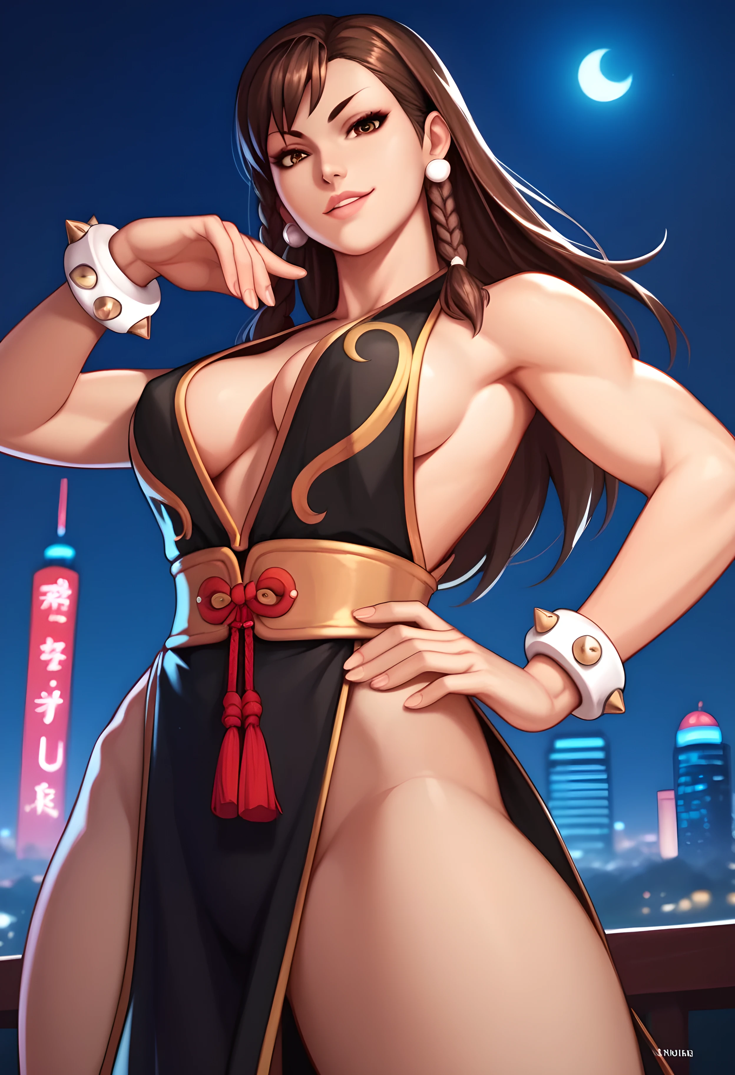 score_9, score_8_up, score_7_up, score_6_up, source_cartoon, BREAK masterpiece, CHUNLIBO, brown hair, brown eyes, long hair,black dress, pelvic curtain, white bracelets, revealing clothes,cleavage, plunging neckline, neck, dynamic pose,seductive smile, looking at viewer, night, cityscape, lip, hand on hip, from below 