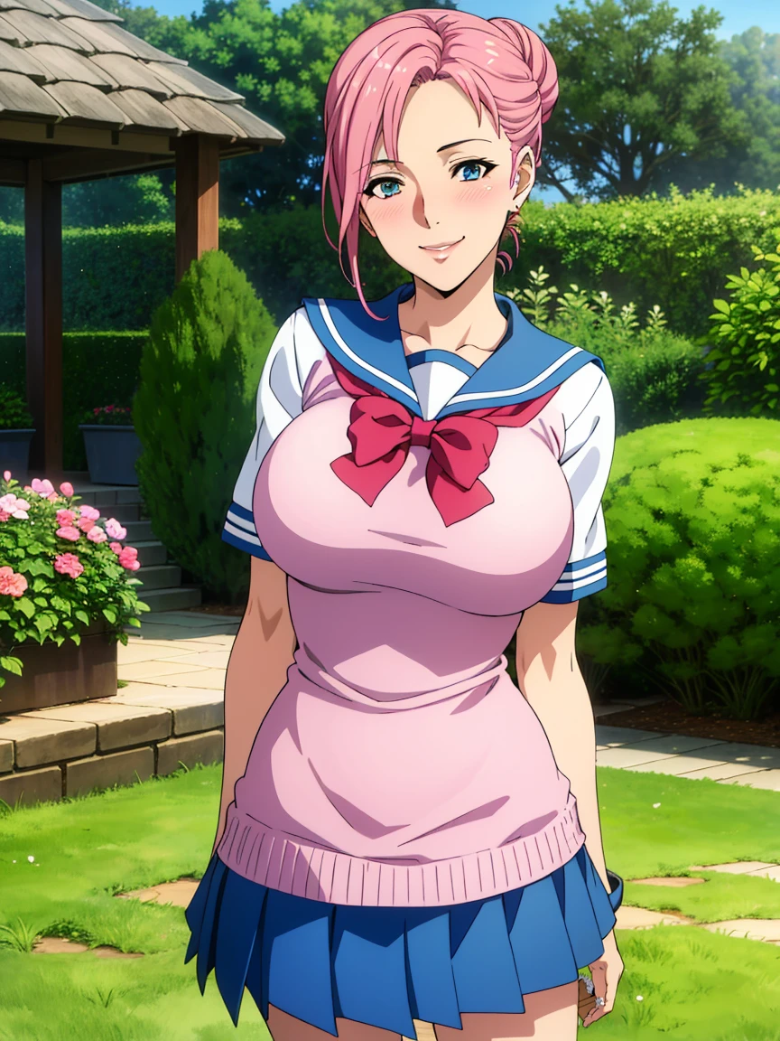 very tempting pose, (white serafuku : 1.3), blue pleated skirt, red bowtie, garden background, elise, mature woman, 25 yo, anime cels style, best quality, high resolution, 1girl, (large breasts:1.2), beautiful face, salmon pink hair tied up in a bun, blue eye, cowboy shot, smiling, blush, looking at viewer
