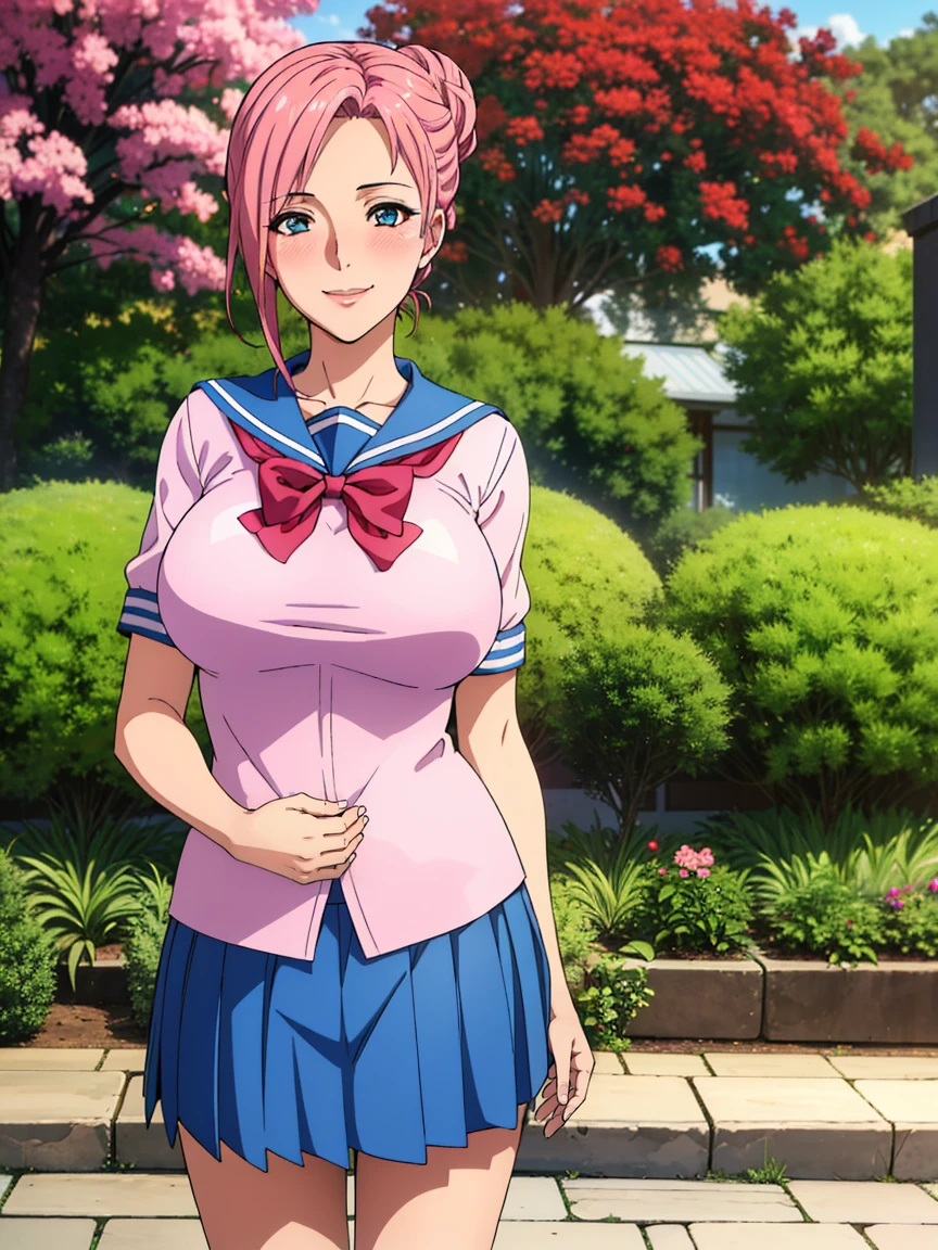 very tempting pose, (white serafuku : 1.3), blue pleated skirt, red bowtie, garden background, elise, mature woman, 25 yo, anime cels style, best quality, high resolution, 1girl, (large breasts:1.2), beautiful face, salmon pink hair tied up in a bun, blue eye, cowboy shot, smiling, blush, looking at viewer