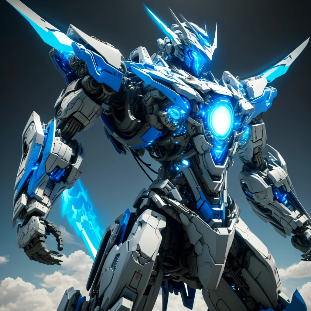 A person with an extremely protruding chin, their entire body a light blue machine, is fully visible. The robot is flying through the sky, emitting a light blue beam from its mouth. The background is a bright blue sky with scattered clouds. The robot's body is intricately designed with gears, wires, and metal plates, showcasing a perfect blend of human and machine elements. The scene is highly detailed and realistic, in 8K resolution, with a dynamic and intense atmosphere