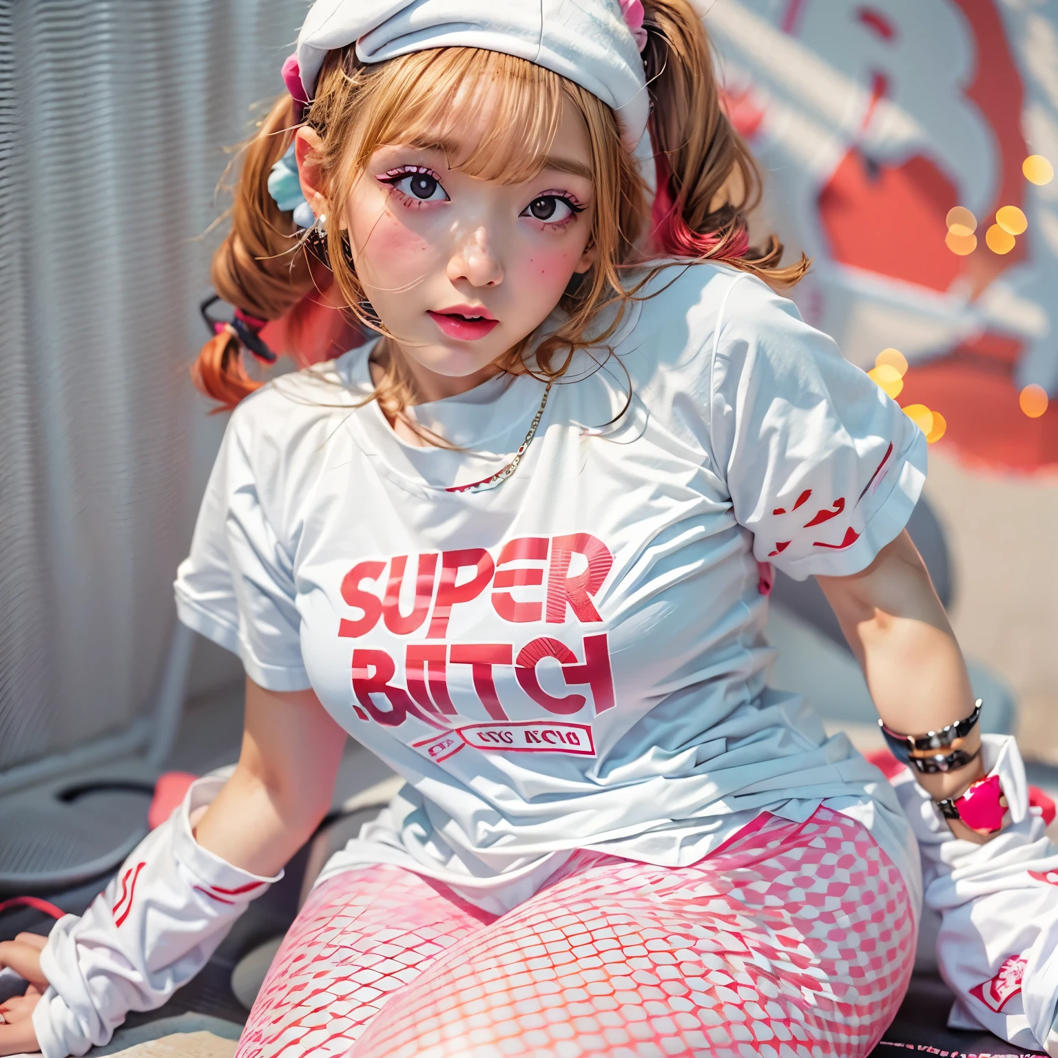 White and Bright Red, (Masterpiece 8K TopQuality:1.2) (ProfessionalPhoto:1.37) ExtremelyDetailed (((PUNIPUNI KAWAII girl in WHITE "SUPER BITCH" Printed T-shirt:1.4))) (Lying FullBody on back from DirectlyAbove:1.28) glowing body