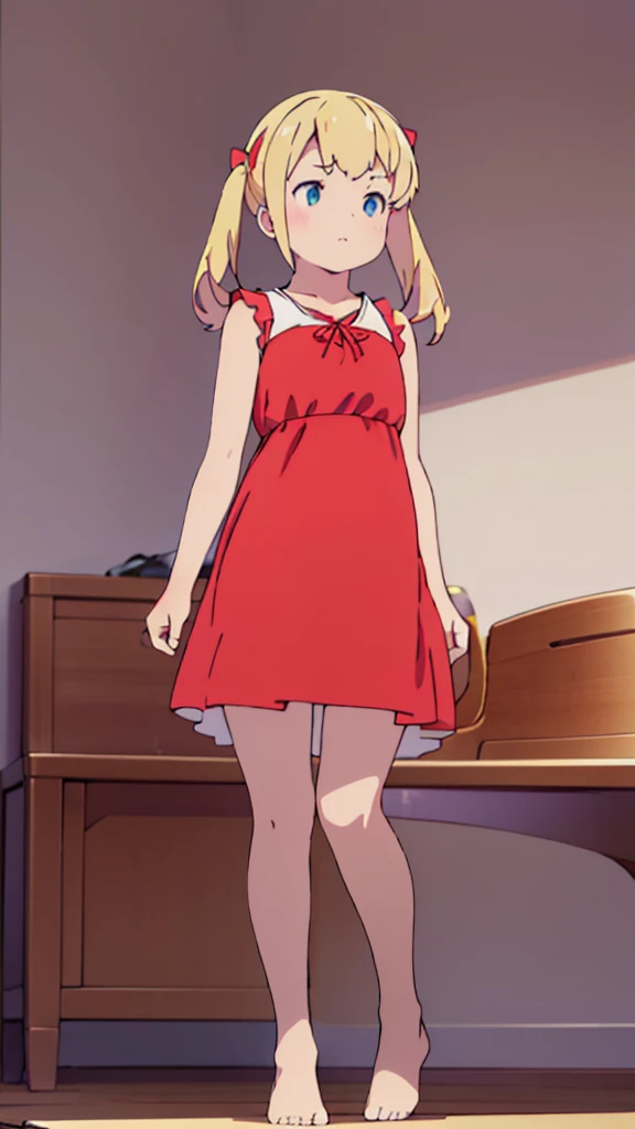 ((masterpiece))((Highest quality))Standing upright、Blonde、(long twin tails up to shoulders)(So that your whole body can be seen)、Directly in front、No background、(Put your feet on the ground)low length、、Flat Chest、Are thin、Red dress、