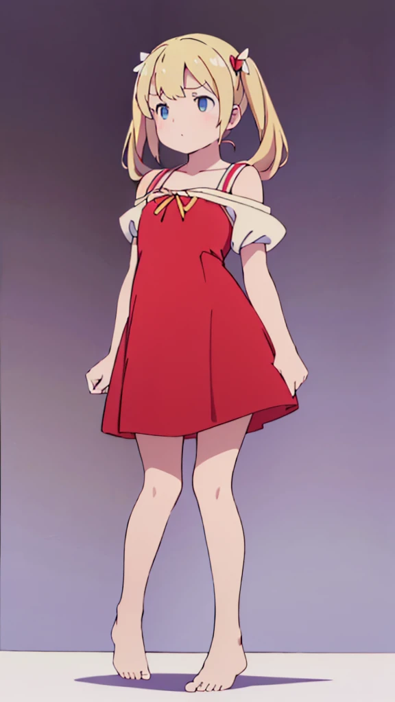 ((masterpiece))((Highest quality))Standing upright、Blonde、(long twin tails up to shoulders)(So that your whole body can be seen)、Directly in front、No background、(Put your feet on the ground)low length、、Flat Chest、Are thin、Red dress、