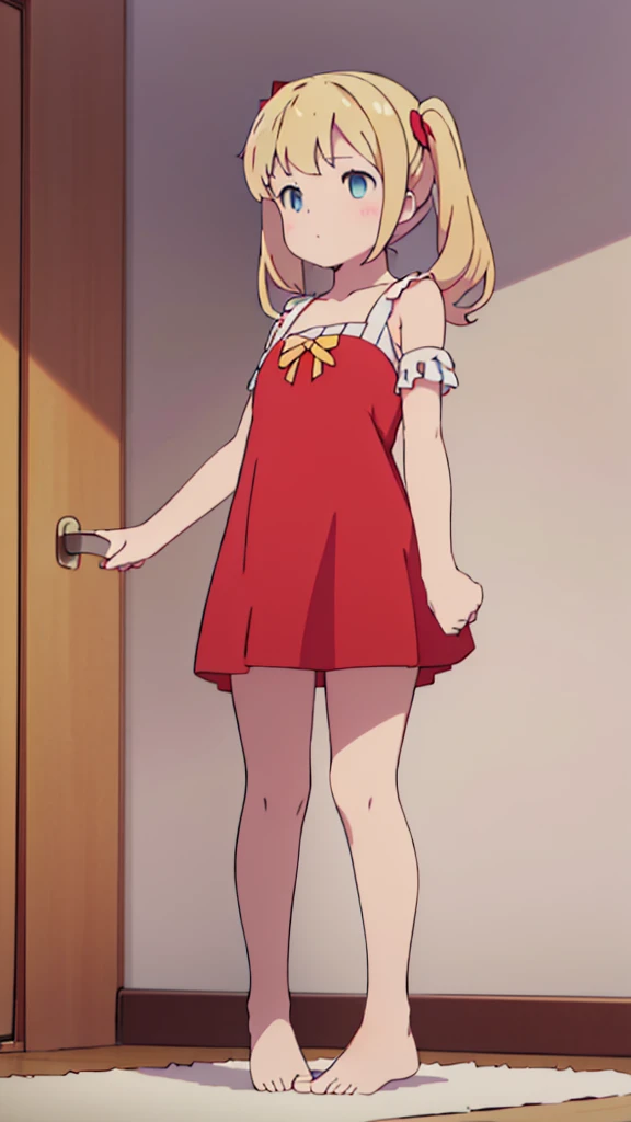 ((masterpiece))((Highest quality))Standing upright、Blonde、(long twin tails up to shoulders)(So that your whole body can be seen)、Directly in front、No background、(Put your feet on the ground)low length、、Flat Chest、Are thin、Red dress、