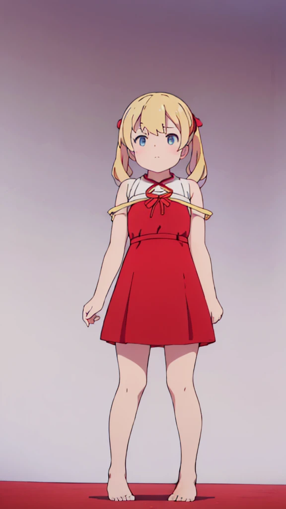 ((masterpiece))((Highest quality))Standing upright、Blonde、(long twin tails up to shoulders)(So that your whole body can be seen)、Directly in front、No background、(Put your feet on the ground)low length、、Flat Chest、Are thin、Red dress、