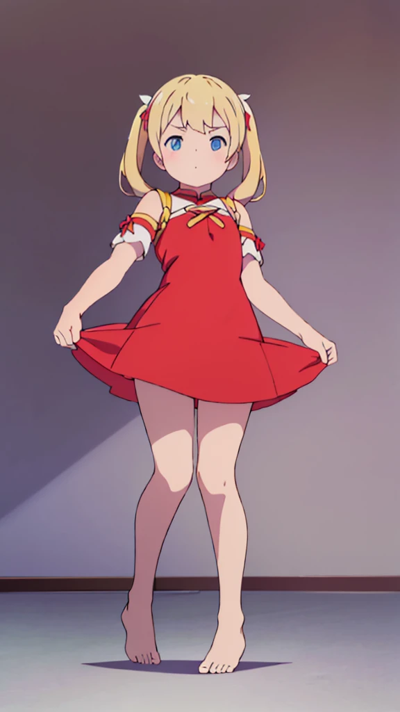 ((masterpiece))((Highest quality))Standing upright、Blonde、(long twin tails up to shoulders)(So that your whole body can be seen)、Directly in front、No background、(Put your feet on the ground)low length、、Flat Chest、Are thin、Red dress、